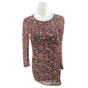 Commense Multicolor Floral Shirred Long Sleeve Ruched Mini Bodycon Dress Size S